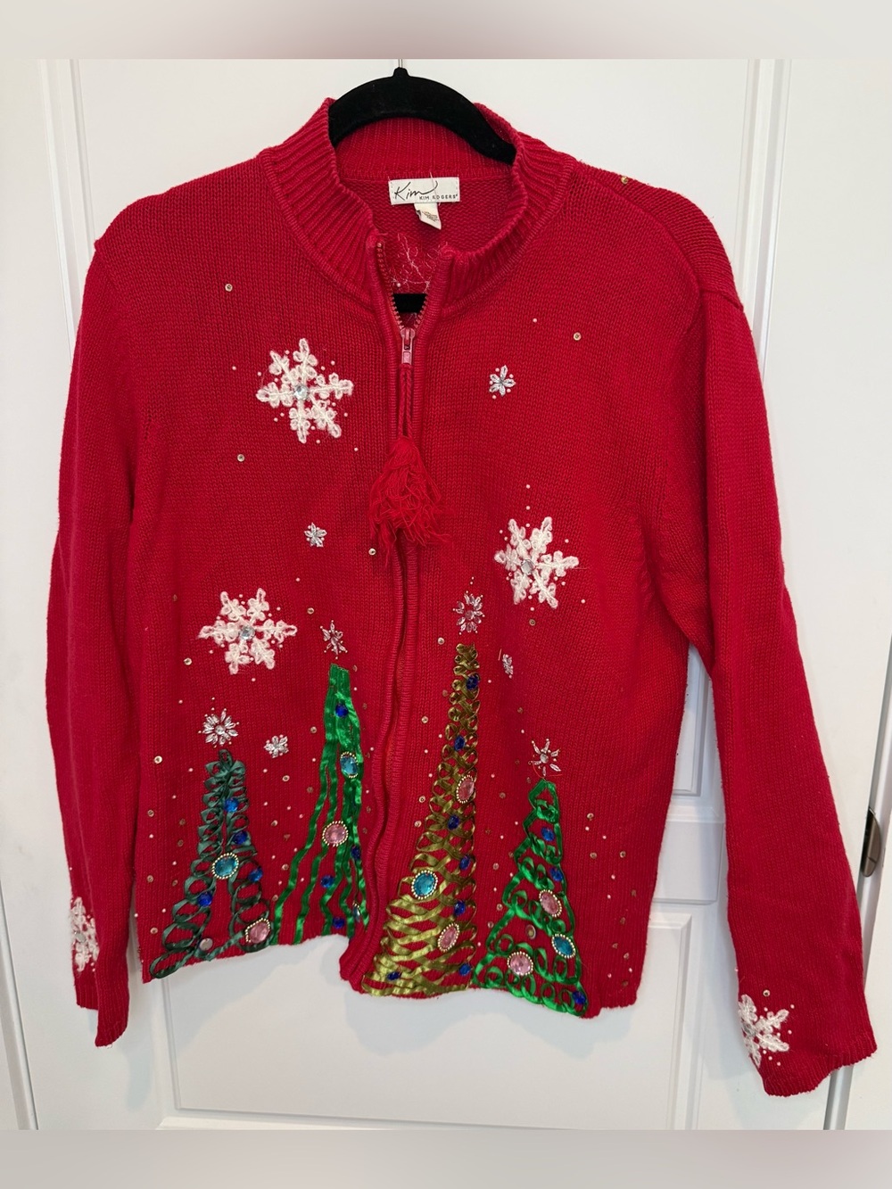 Kim Rogers Vintage Christmas Sweater Size XL Red Cardigan Beaded Tree Holiday